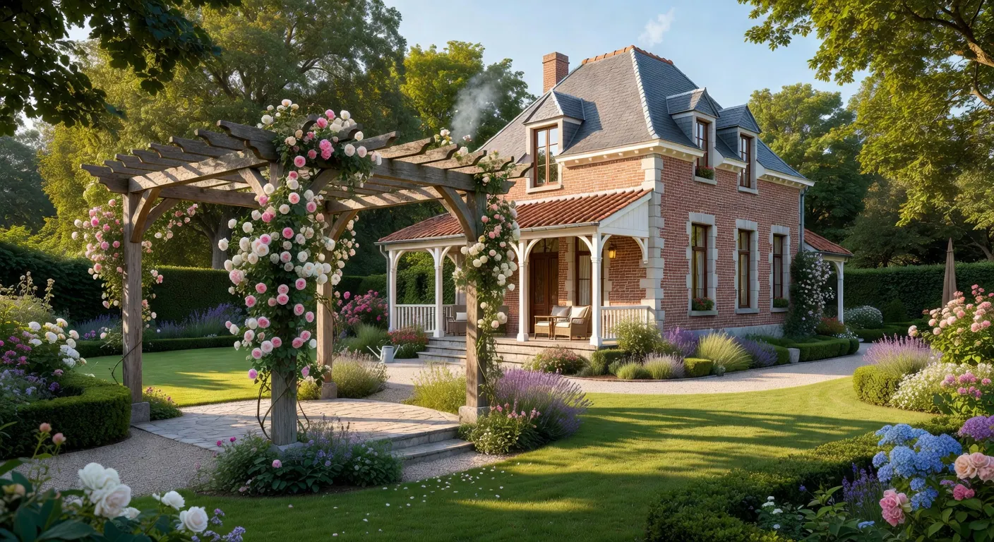 Véranda intégrée à un jardin verdoyant avec vue sur l'installation