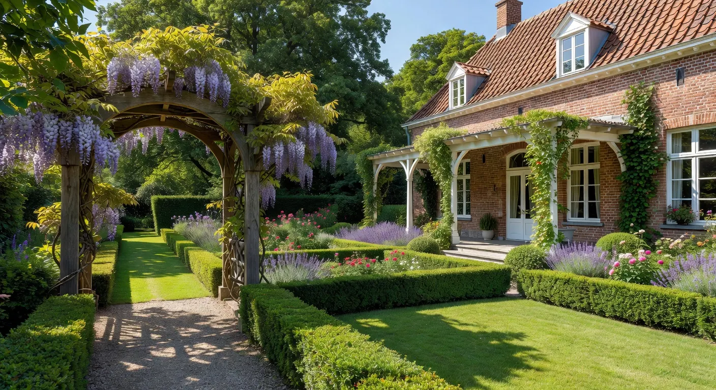 Véranda moderne intégrée à un jardin verdoyant