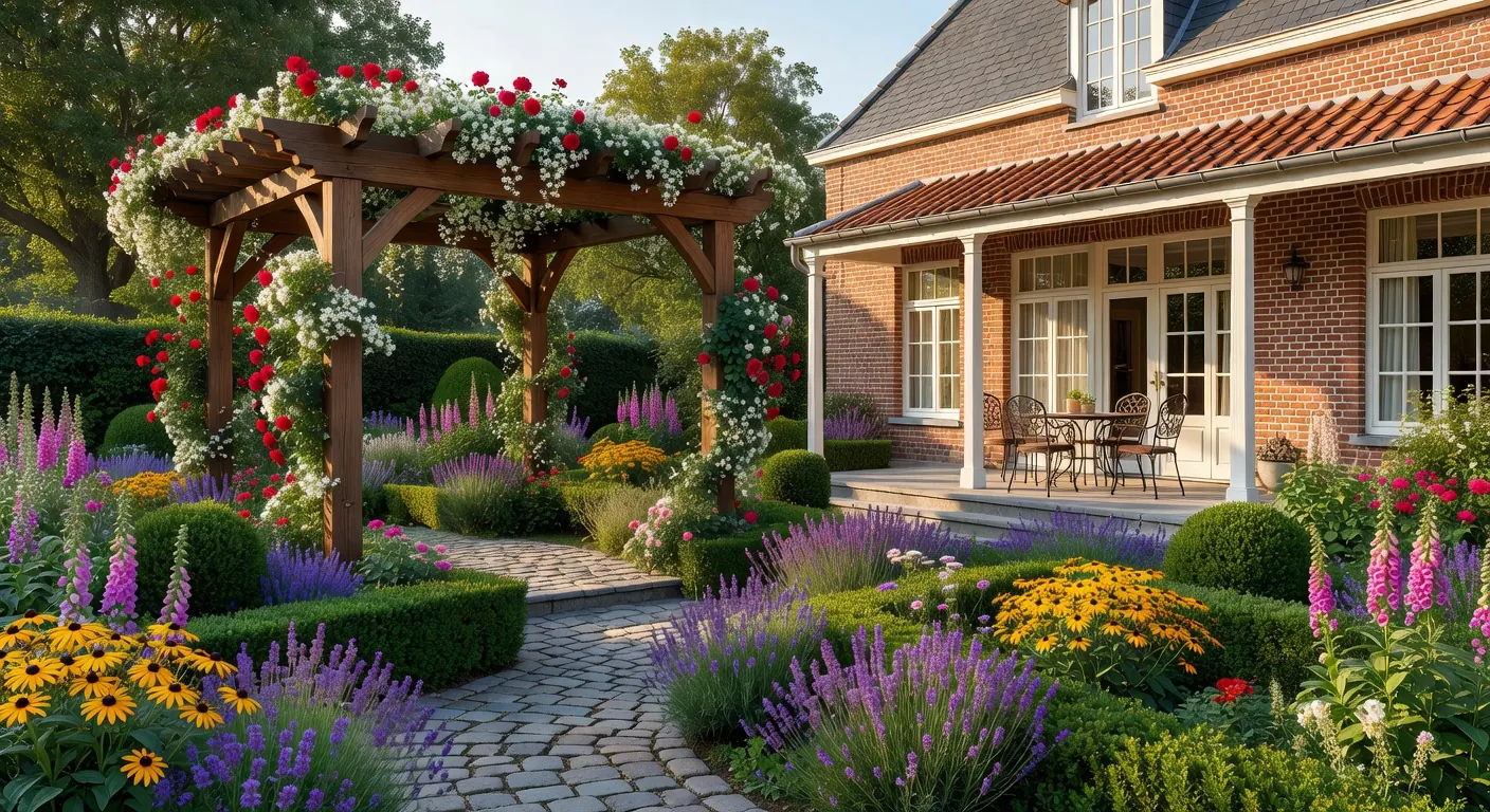 Véranda intégrée harmonieusement à un jardin verdoyant
