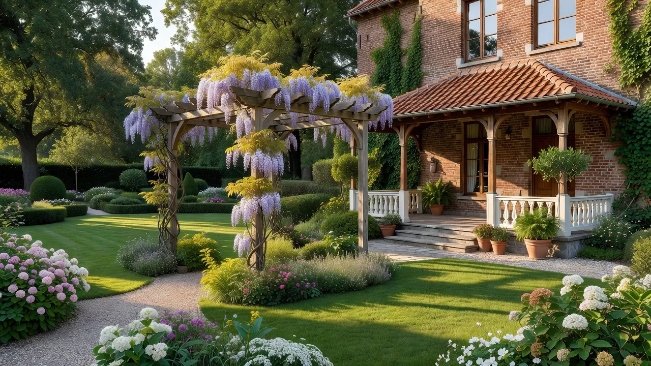 Jardin fleuri et véranda moderne au printemps