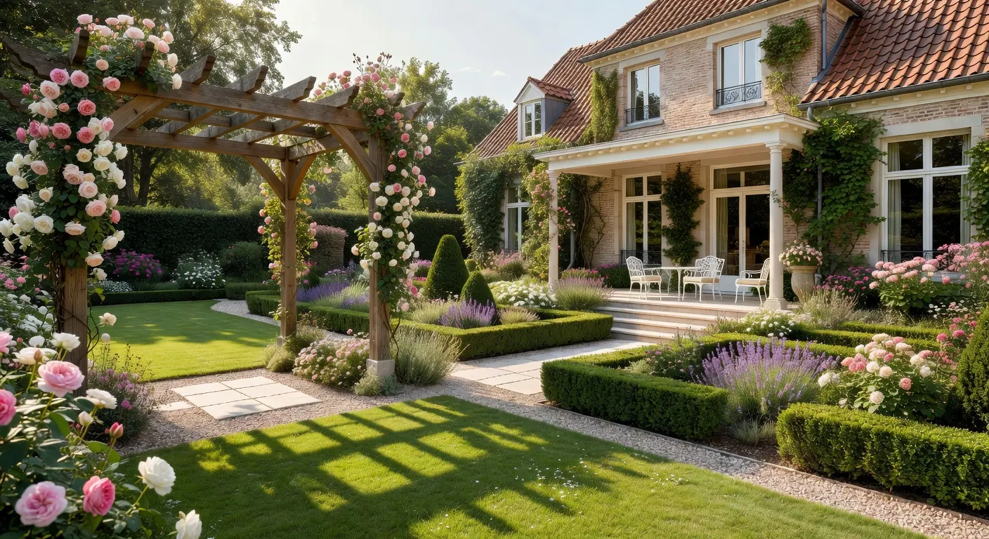 Jardin et véranda réussis avec terrasse en bois et plantes luxuriantes