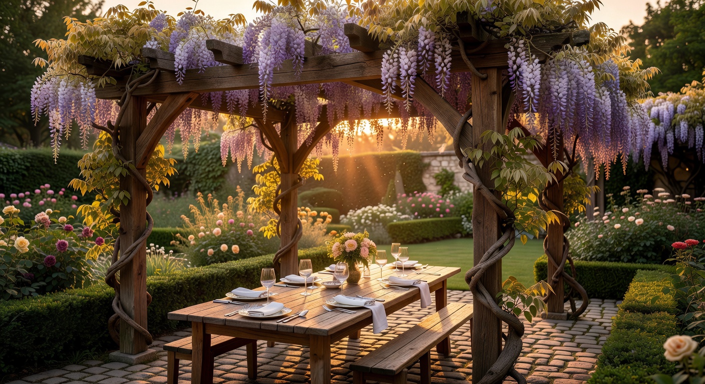 Jardin avec pergola et terrasse